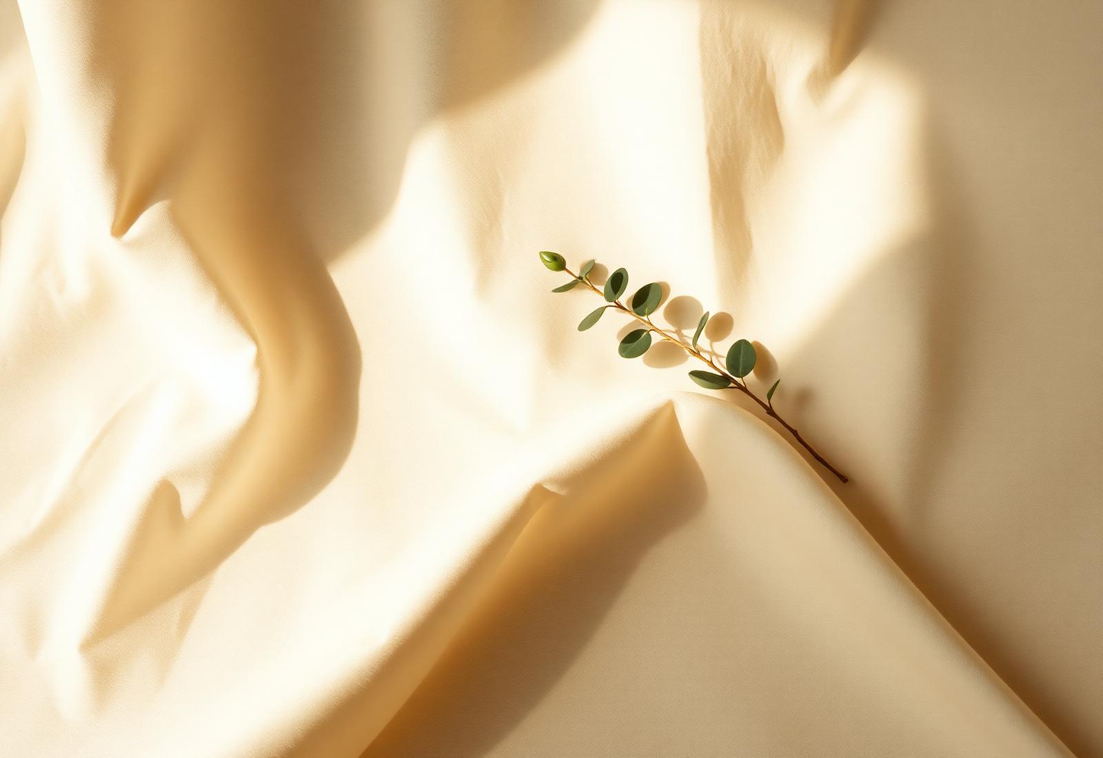 Soft morning light across draped linen with a single eucalyptus sprig